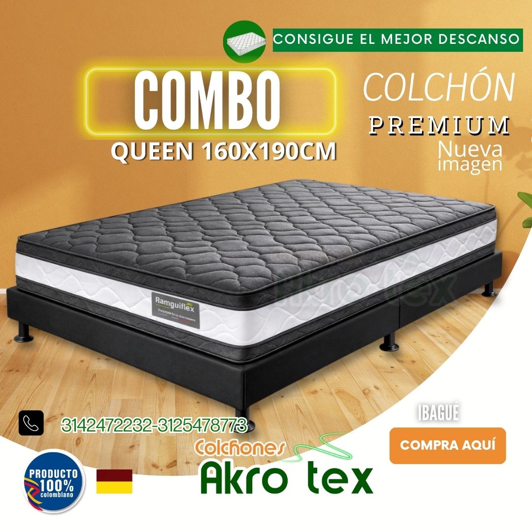 Combo Colchón  Queen +Base Cama PREMIUM DOBLE PILLOW 160X190 (30 cms Altura)