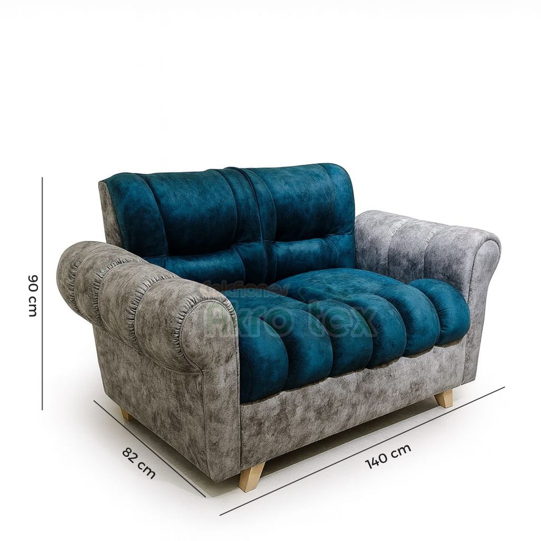 Sala mini huevo-Sofa +2 sillas+ puff+ 3 cojines- patas madera-Tono Turquesa&Gris