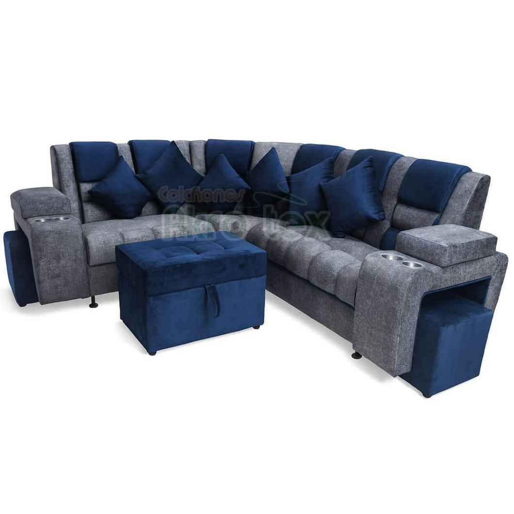 Sala Estambool|Gris & Azul+2 puff aux+1 puff Baul+ Doble Copero +3 C0jines