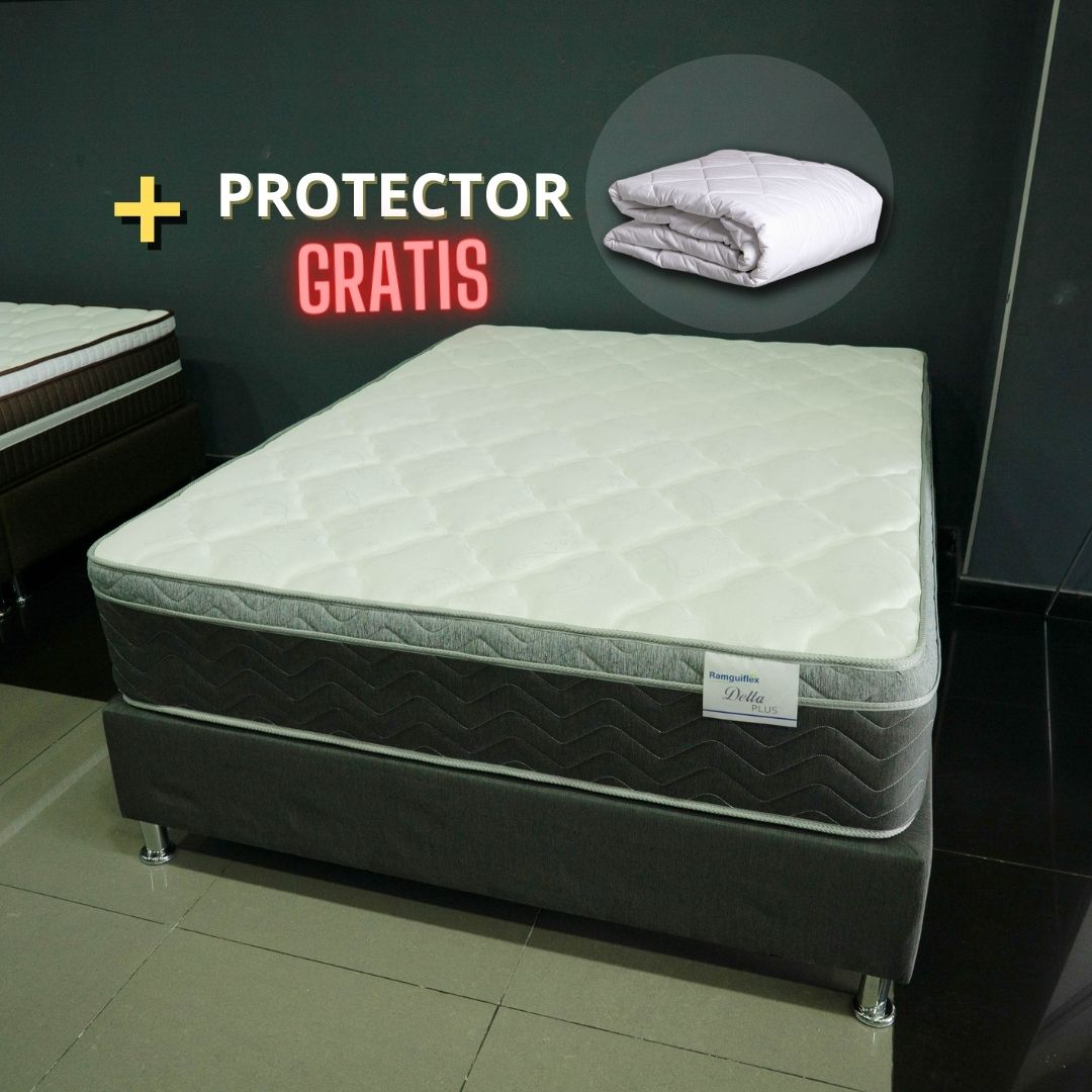 Combo 140x190 Colchón+ Base Delta Resortado Pillow+Protector