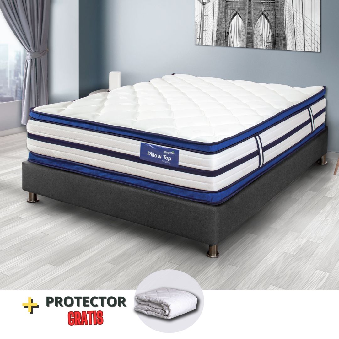 COMBO 140X190 COLCHÓN Imperial Plus  RESORTADO  Doble pillow + Base Cama+Protector