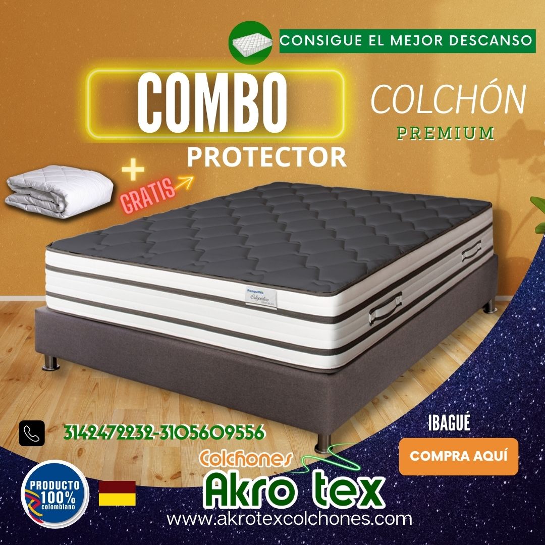 COMBO 140X190  COLCHÓN  PREMIUM DOBLE PILLOW +BASE CAMA+PROTECTOR
