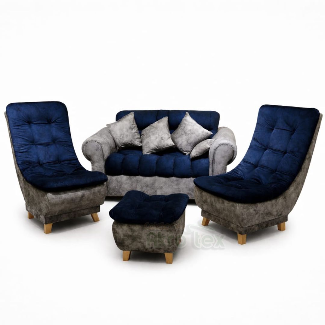 Sala mini huevo-Sofa +2 sillas+ puff+ 3 cojines- patas madera