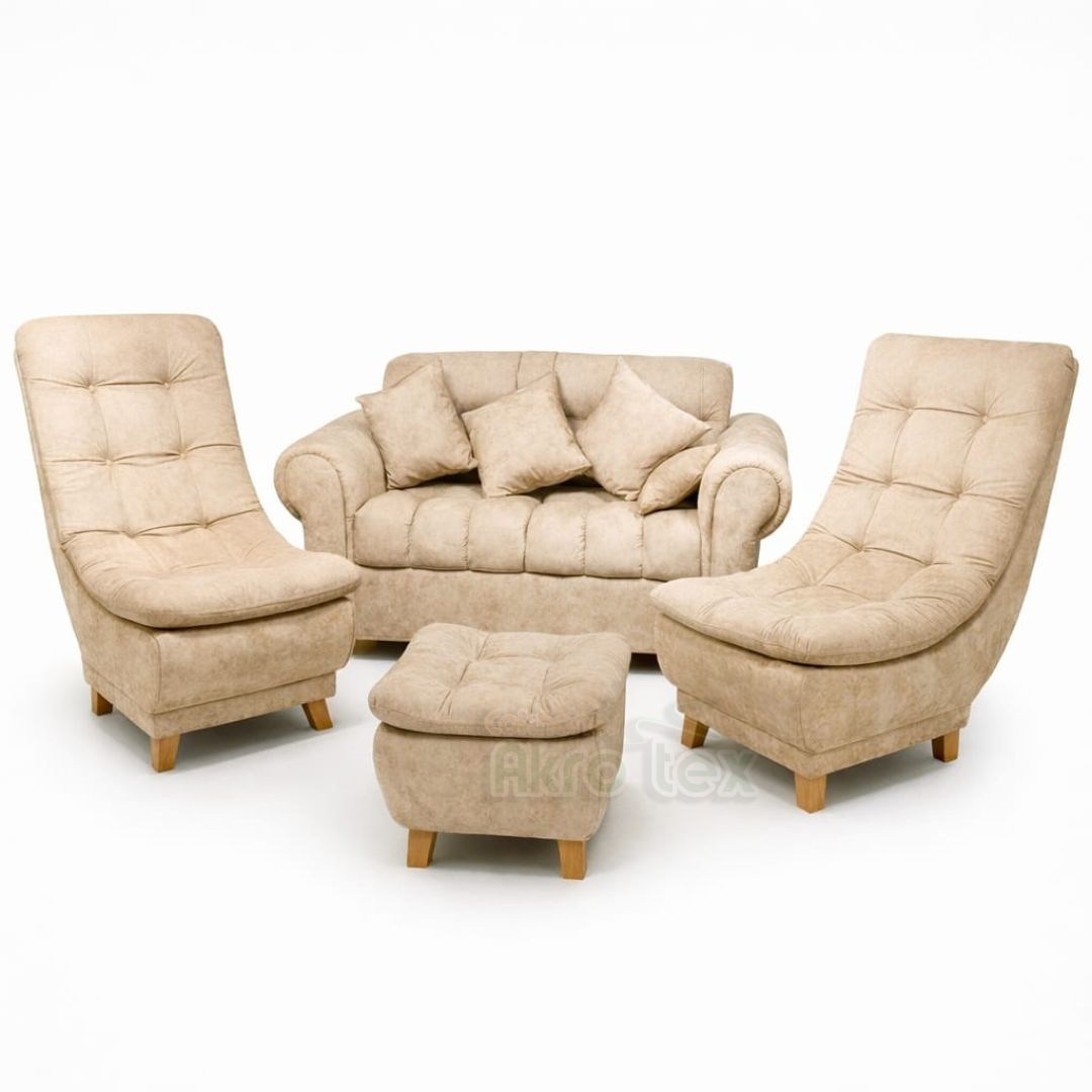 Sala mini huevo-Sofa +2 sillas+ puff+ 3 cojines- patas madera