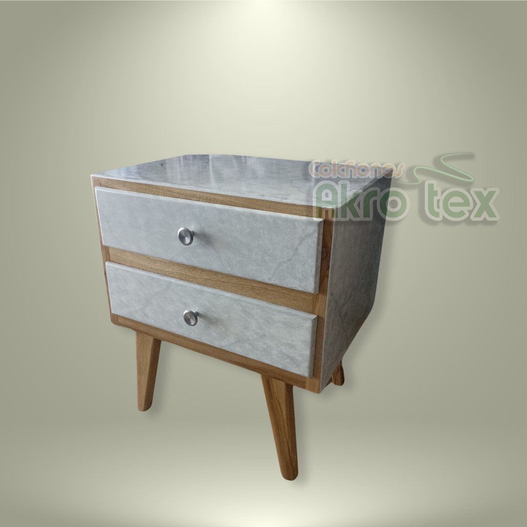 Mesa de noche- Marmolizada 2 Cajones con Boton cromo