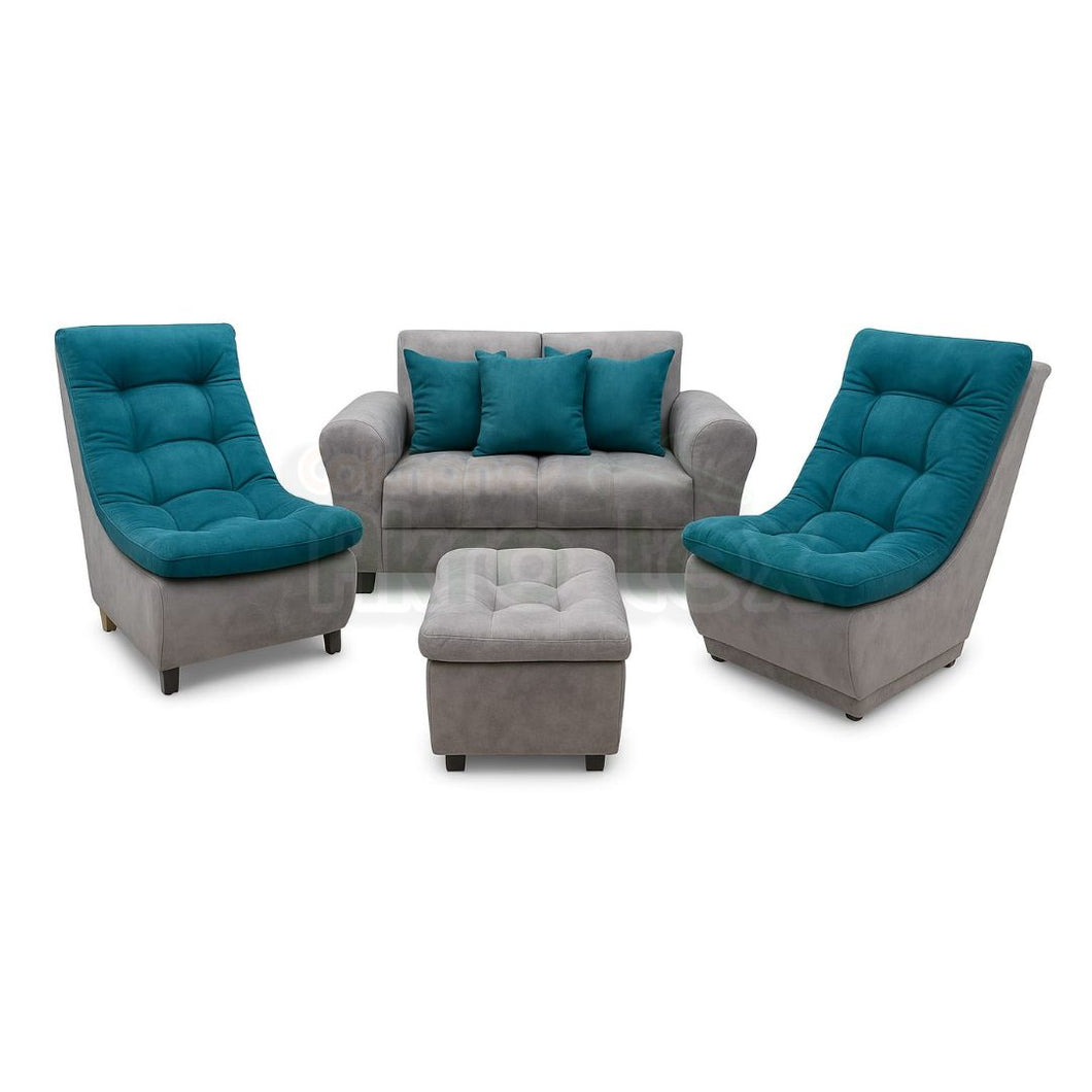 Sala mini huevo-Sofa +2 sillas+ puff+ 3 cojines- patas madera-Tono Turquesa&Gris