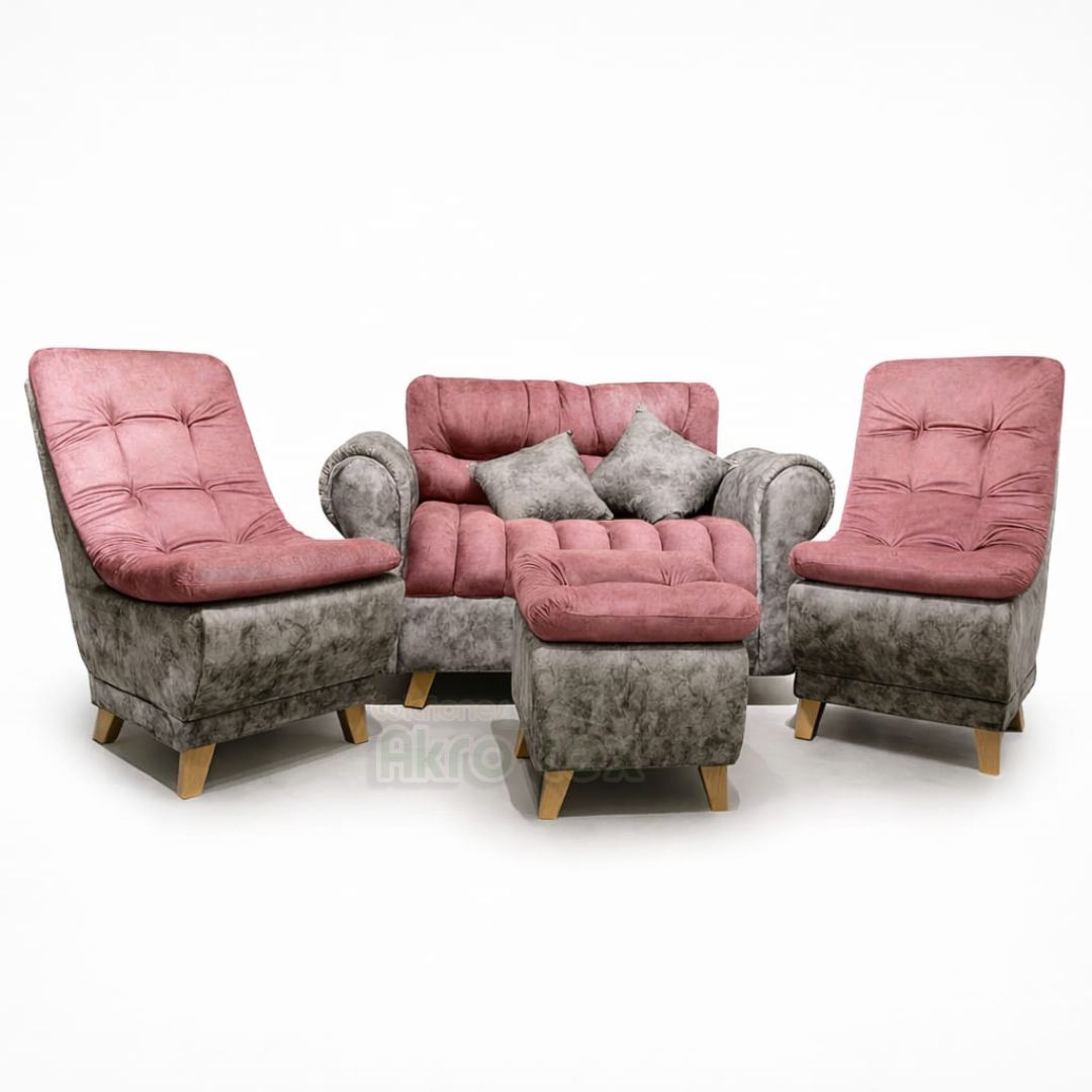 Sala mini huevo-Sofa +2 sillas+ puff+ 3 cojines- patas madera