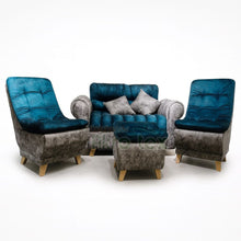 Cargar imagen en el visor de la galería, Sala mini huevo-Sofa +2 sillas+ puff+ 3 cojines- patas madera-Tono Turquesa&amp;Gris
