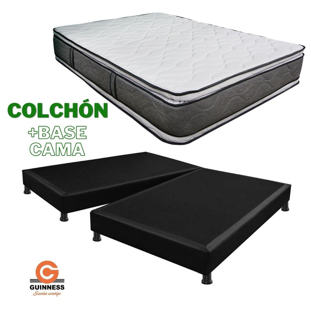 Combo 140X190x30 Colchón PLATINO Guinness  RESORTADO  Doble pillow + Base cama