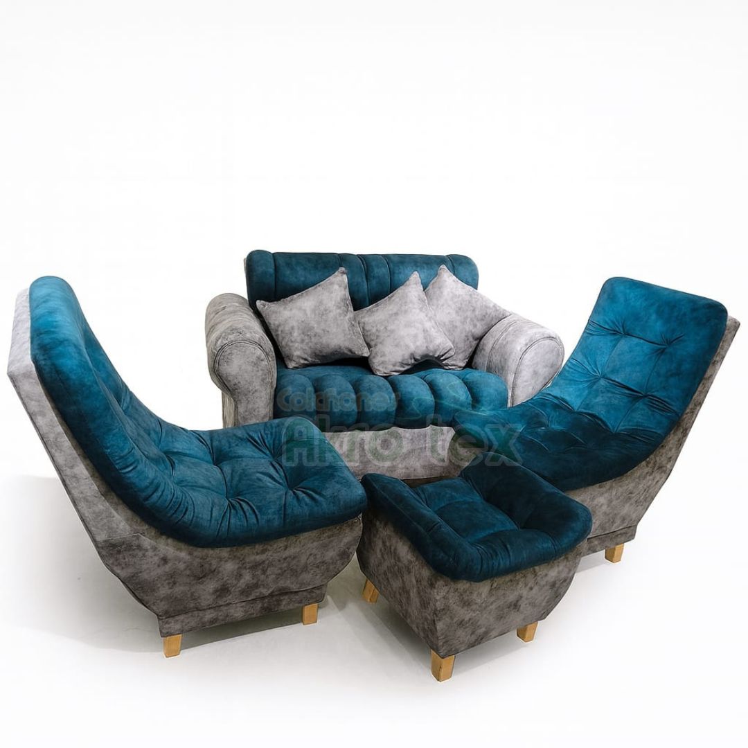 Sala mini huevo-Sofa +2 sillas+ puff+ 3 cojines- patas madera-Tono Turquesa&Gris
