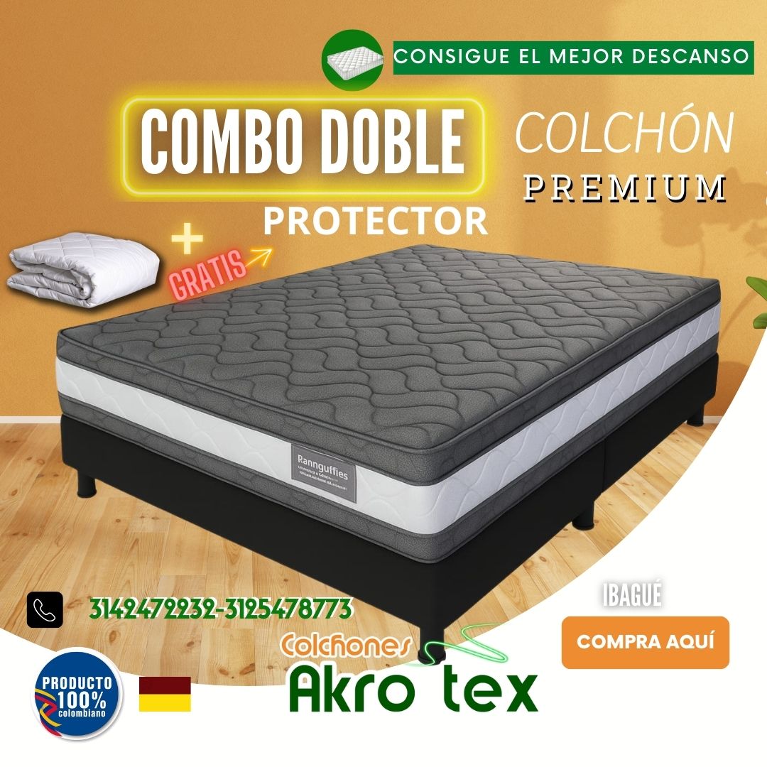 COMBO 140X190  COLCHÓN  PREMIUM DOBLE PILLOW +BASE CAMA+PROTECTOR