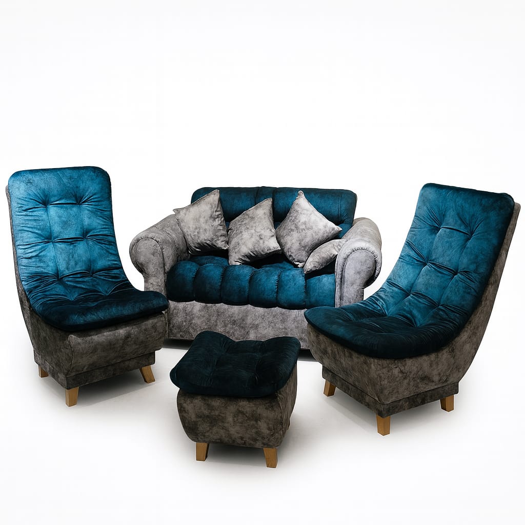 Sala mini huevo-Sofa +2 sillas+ puff+ 3 cojines- patas madera-Tono Turquesa&Gris