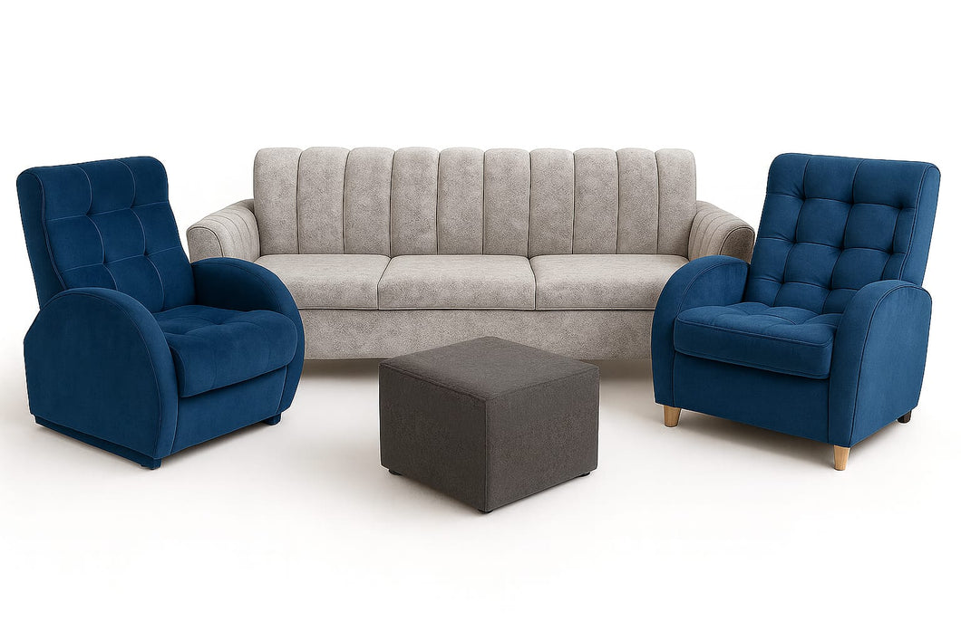 Sala Verona -sofa 3 puestos + 2 sillas huevo-puff