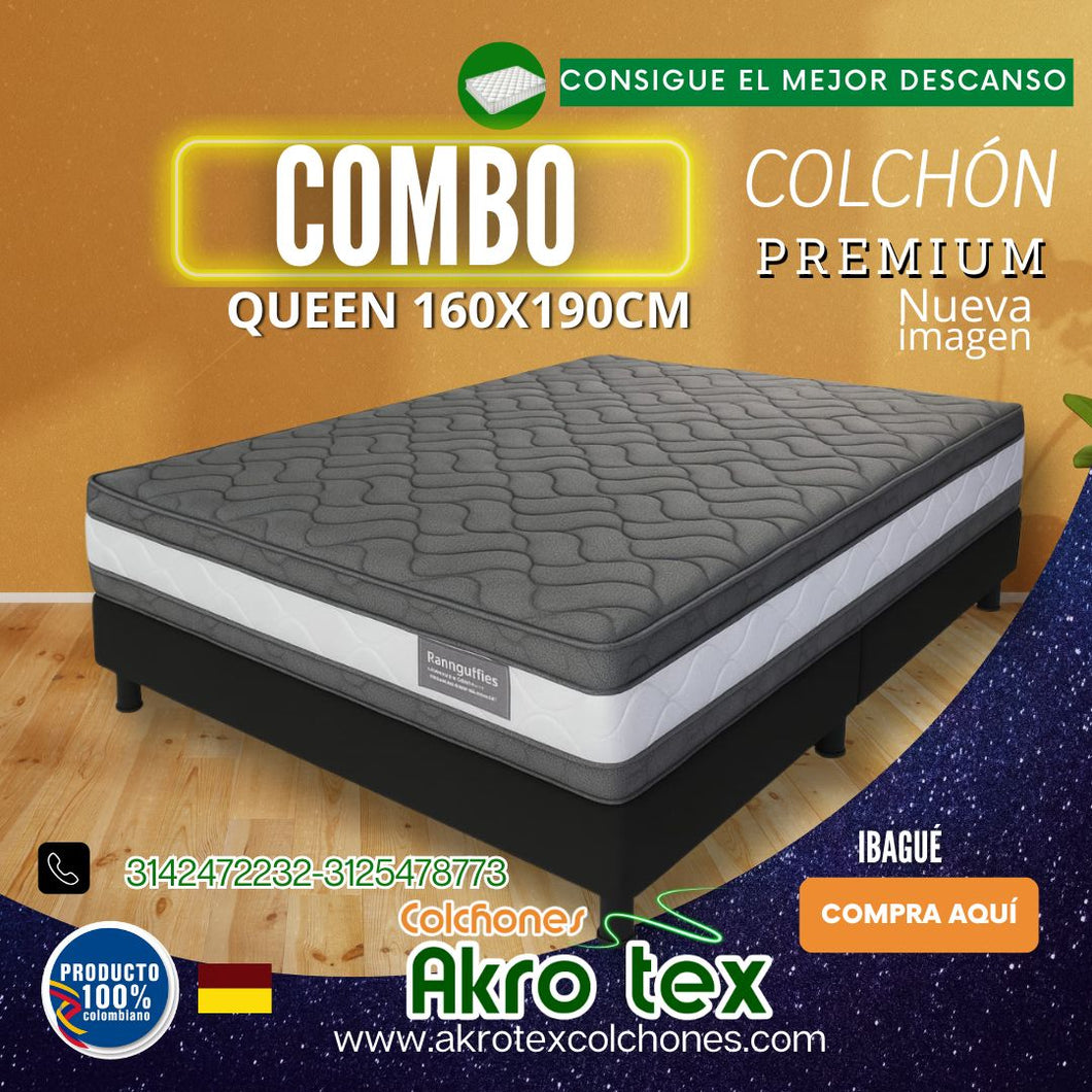 Combo Colchón  Queen +Base CamaPREMIUM DOBLE PILLOW 160X190 (30 cms Altura)