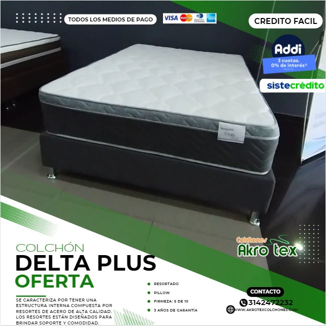Combo 140x190 Colchón+ Base Delta Resortado Pillow+Protector