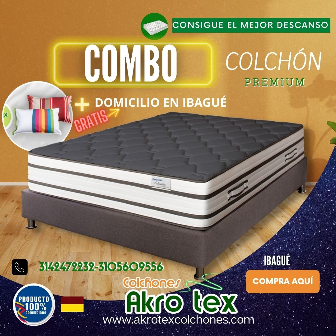 COMBO 140X190  COLCHÓN  PREMIUM DOBLE PILLOW +BASE CAMA+Protector